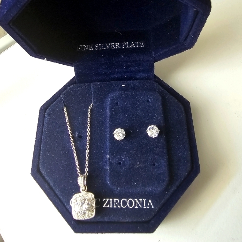 MACY'S Silver Plated Cubic Zirconia Stud Earrings & Square Necklace NIB